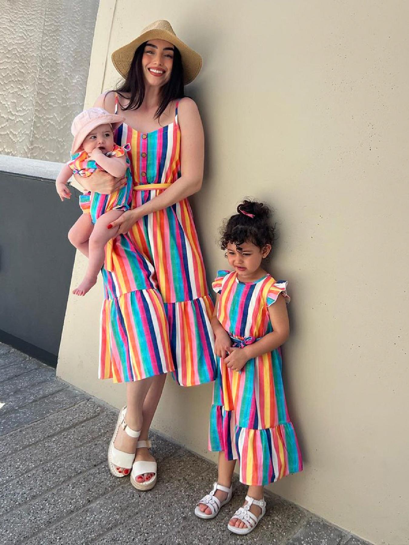 Family Matching 100% Cotton Yellow Sleeveless Button Dresses and Multicolor Striped Short-sleeve T-shirts Sets