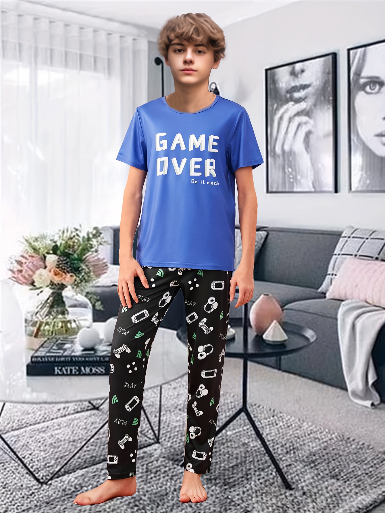  Minecraft Conjunto de pijama para niños, ropa de descanso,  camiseta larga o camiseta y pantalones para adolescentes, pijamas para niños  de 5 a 14 años, regalos para niños, Negro/Blanco : Ropa
