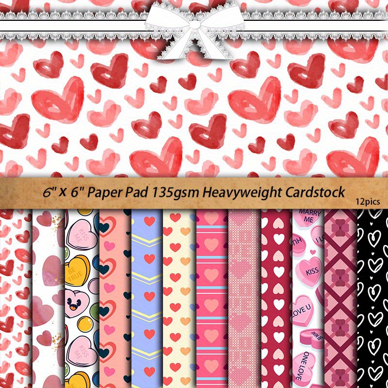 24 Pieces Of Valentine's Day Pattern Paper 5.98x5.98inch Watercolor Heart  Love Scrapbook Paper, Red Pink Kraft Paper Folded Flat Suitable For DIY Card
