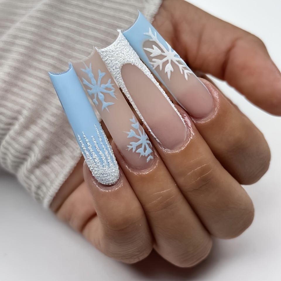 24pcs Long Coffin Shaped Transparent Nail Art With Ins Style Cute, Elegant,  Christmas Design With Golden Glitter, Face & Snowflake Pattern Ideal For  Parties, Dance Or Daily Wear With Press On Nails