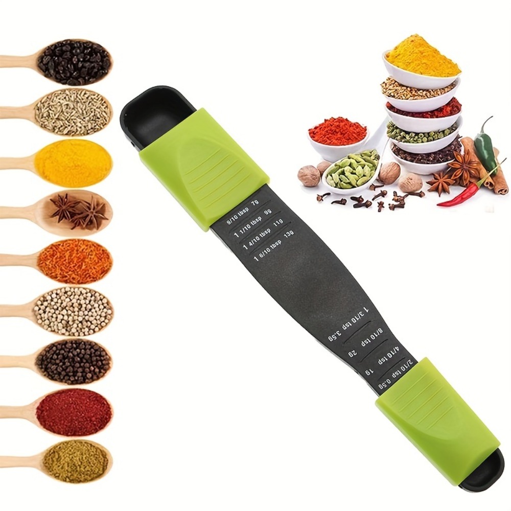 Adjustable Measuring Spoon (Green and Black Color) with Double End Adjustable Scale, 9 Stalls All in One Measuring Spoon, Wide Range of Measurements