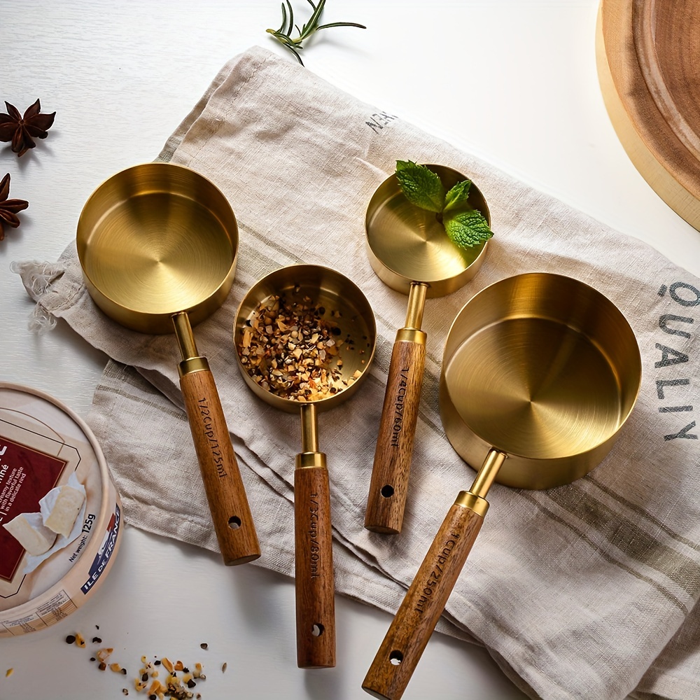 Measuring Cups & Spoons with Walnut Wood Handles, Stainless Steel and Rose  Gold