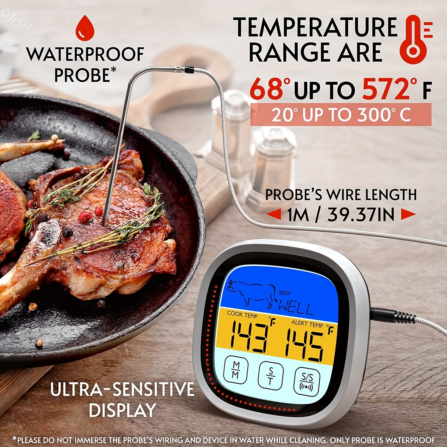Thermomètre de Cuisine Cuisson - Thermomètre Alimentaire Digital Lecture  Instantané Écran LCD avec Longue Sonde Thermomètre pour Viande Patisserie