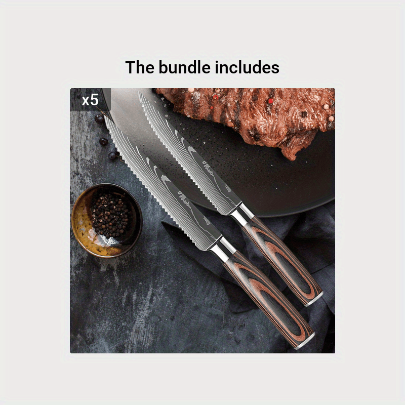 SENKEN Professional Steak Knife Set with Damascus Pattern - Razor Sharp Serrated Stainless Steel & Wood Handle (Steak Knives Set of 4)
