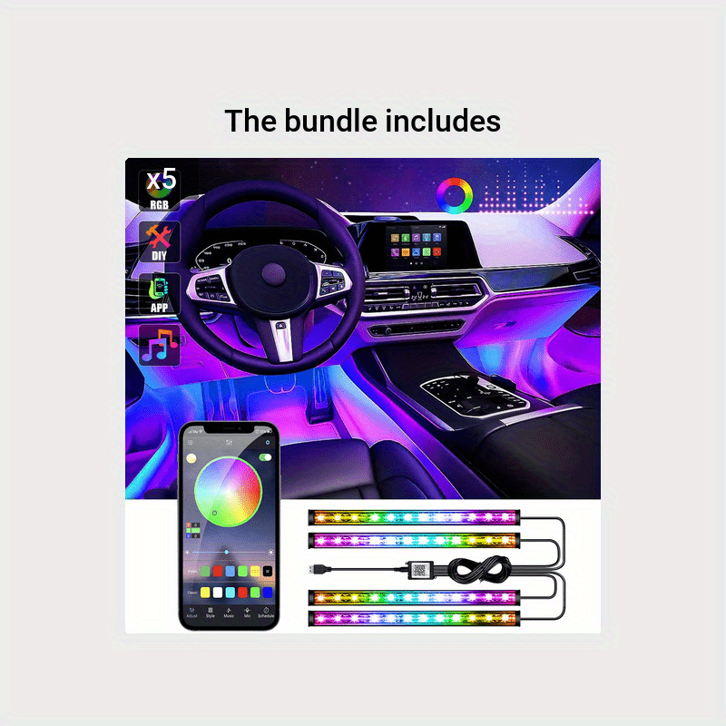 4pcs Car LED Lights, 48-LED Lights, Wireless Smart App Control Lights Bars,  Multicolored Music Sync Color Changing Lights, RGB Car Interior Light, Wit