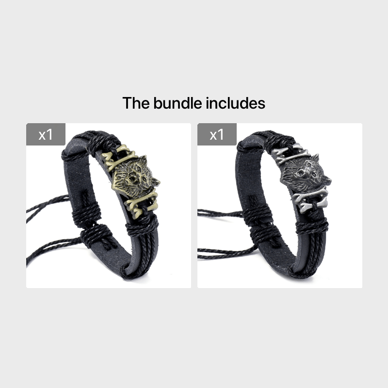 Men's Retro Viking Wolf Head Woven Leather Bracelet