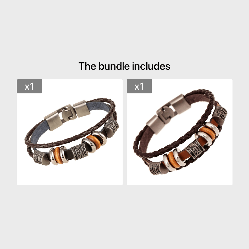 Vintage Men's Leather Bracelet with Beaded Layer
