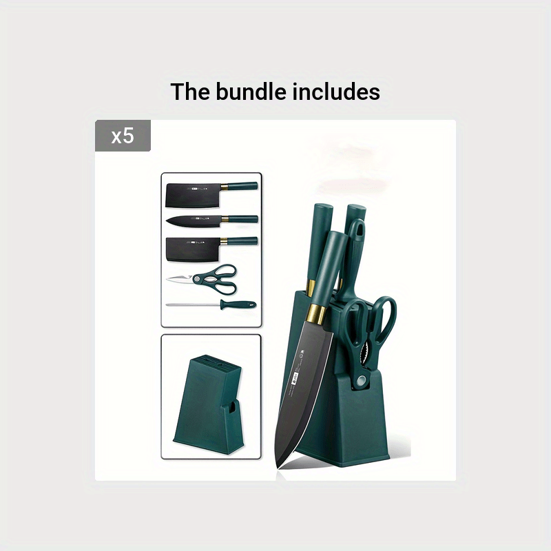 Household Rust-proof Black Blade Vegetable Cutting Knife, Full Set, Kitchen  Stainless Steel Vegetable Meat Knife Set [kitchen Knife + Bone Knife +  Kitchen Scissors + Sharpening Stick + Plastic Dark Green Knife Holder] -  Temu