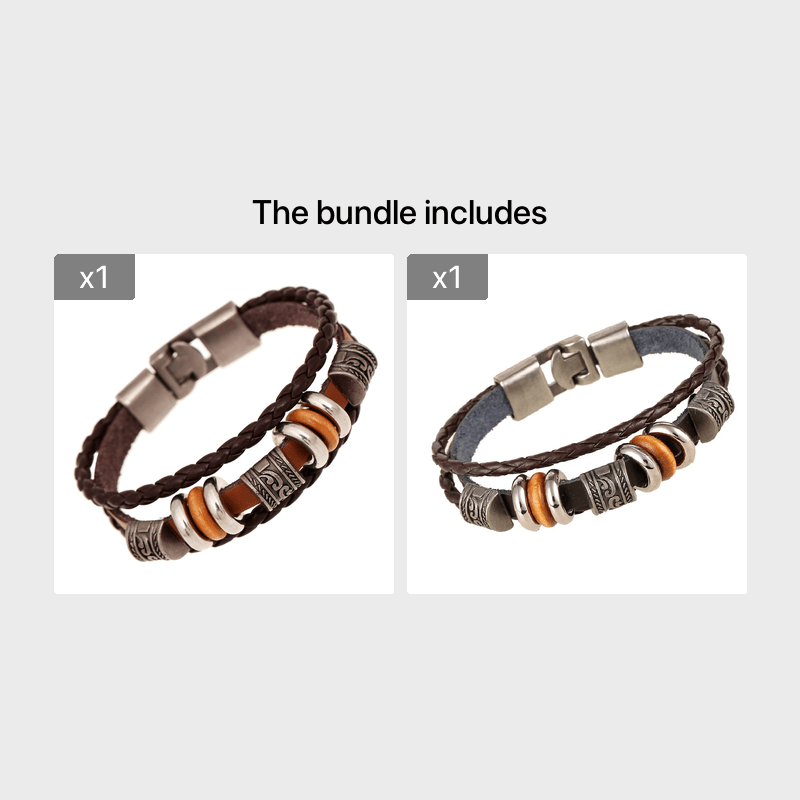 Vintage Men's Leather Bracelet with Beaded Layer