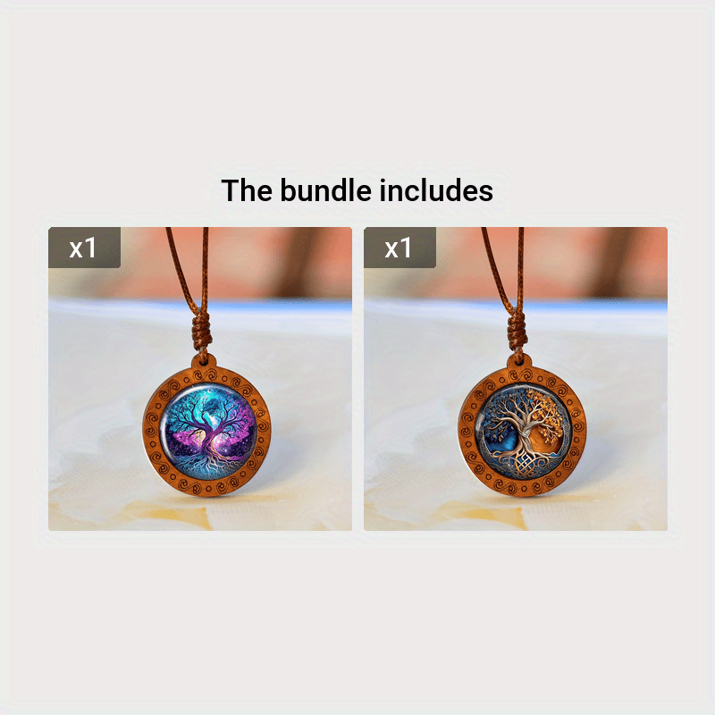 1pc Elegant Tree Of Life Pendant Necklace With Colorful Glass & Intricate Wooden Frame, Fashionable Spiritual Jewelry Gift For Men, Tree Necklace