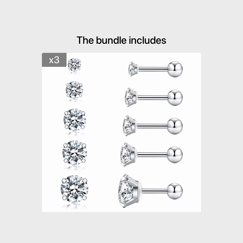 Hypoallergenic CZ Stud Earrings - 5 Pairs