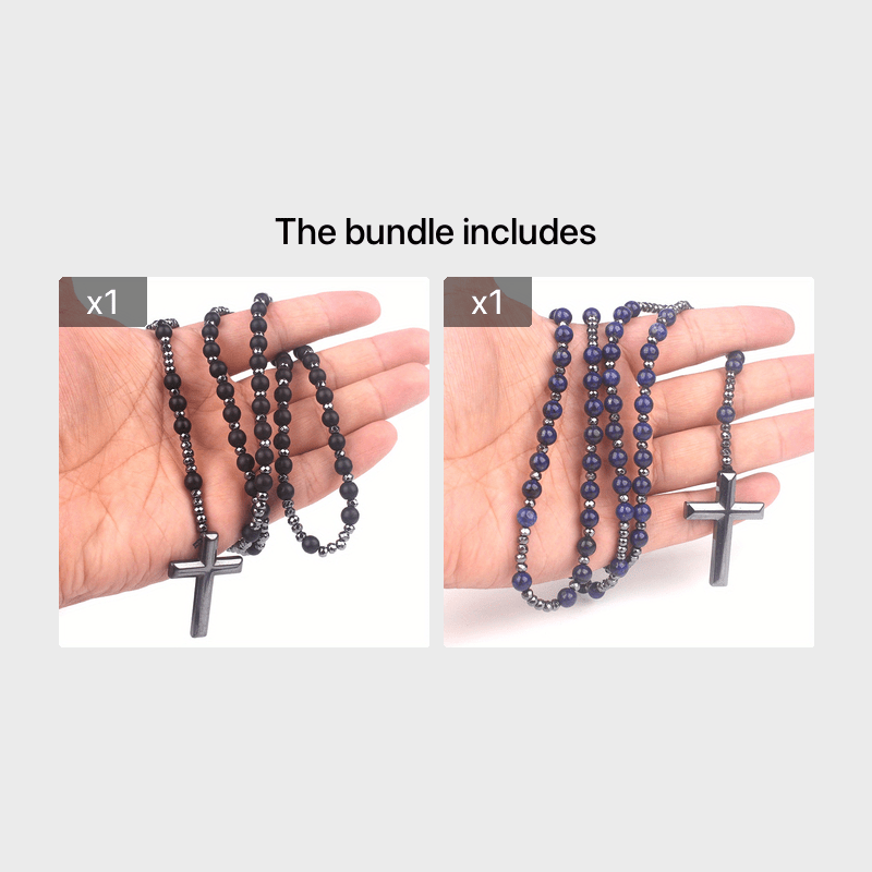 Men's Natural Stone Tiger Eye Lapis Glitter Bead Cross Pendant Necklace