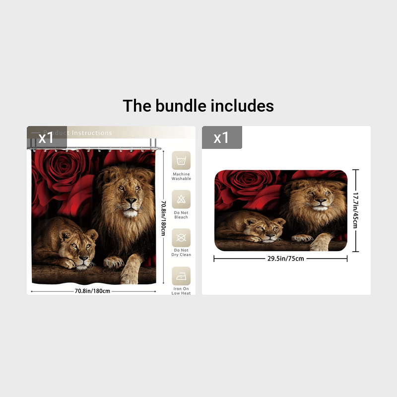 Waterproof Lion & Rose Flower Shower Curtain Set with 12 Hooks