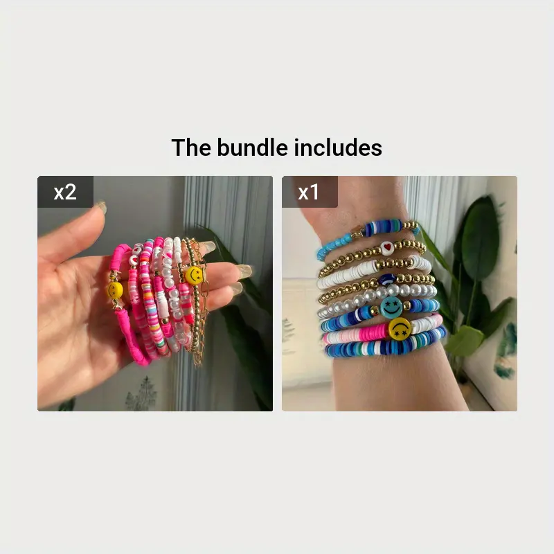 8 Pieces Women's Beaded Elastic Bracelet Color, Smile Bracelet Set Y2K  Bracelets Can Be Stacked Surf Bracelets Bohemian Summer Soft Pottery Star  Beade