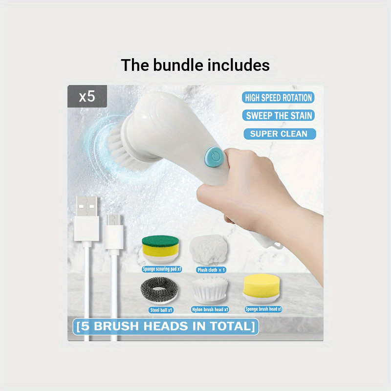 Electric Spin Scrubber With 5 Replacement Brush Heads, Handheld Cordless  Cleaning Scrubber, Scrubbing Brush And Sponge Head, Multifunctional  Rechargeable Spin Brush For Kitchen, Bathroom, Bathtub, Grout Floor, Sink,  Dish, Cleaning Tool - Temu