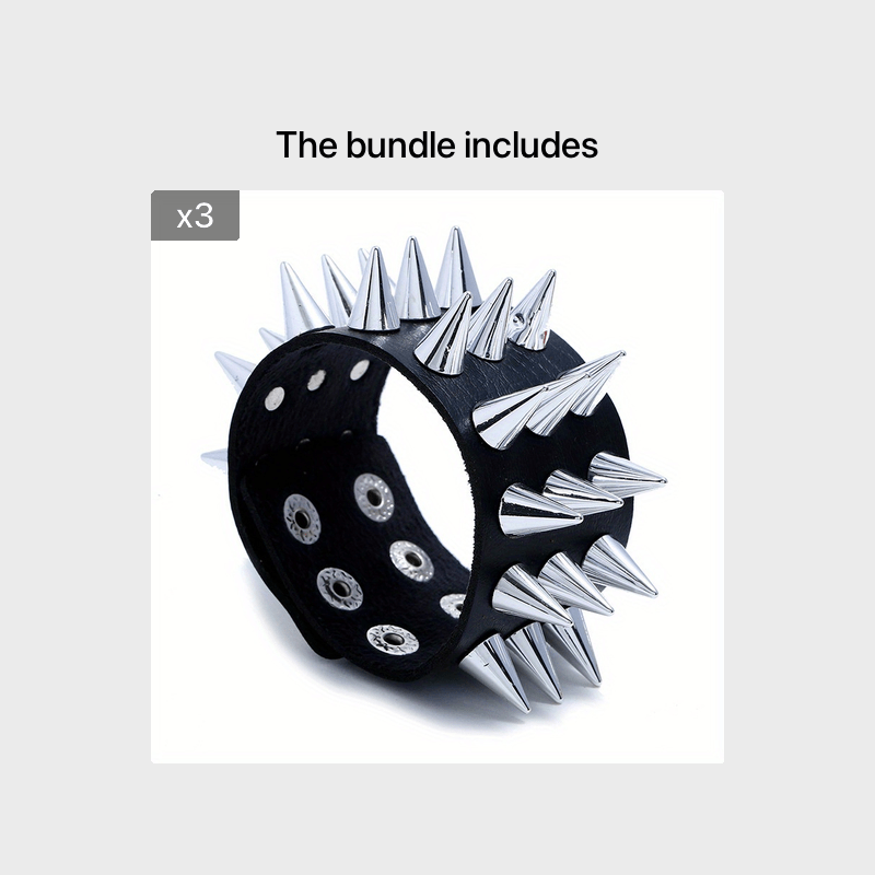 Three Rows Spike Bracelet for Men, Punk Style