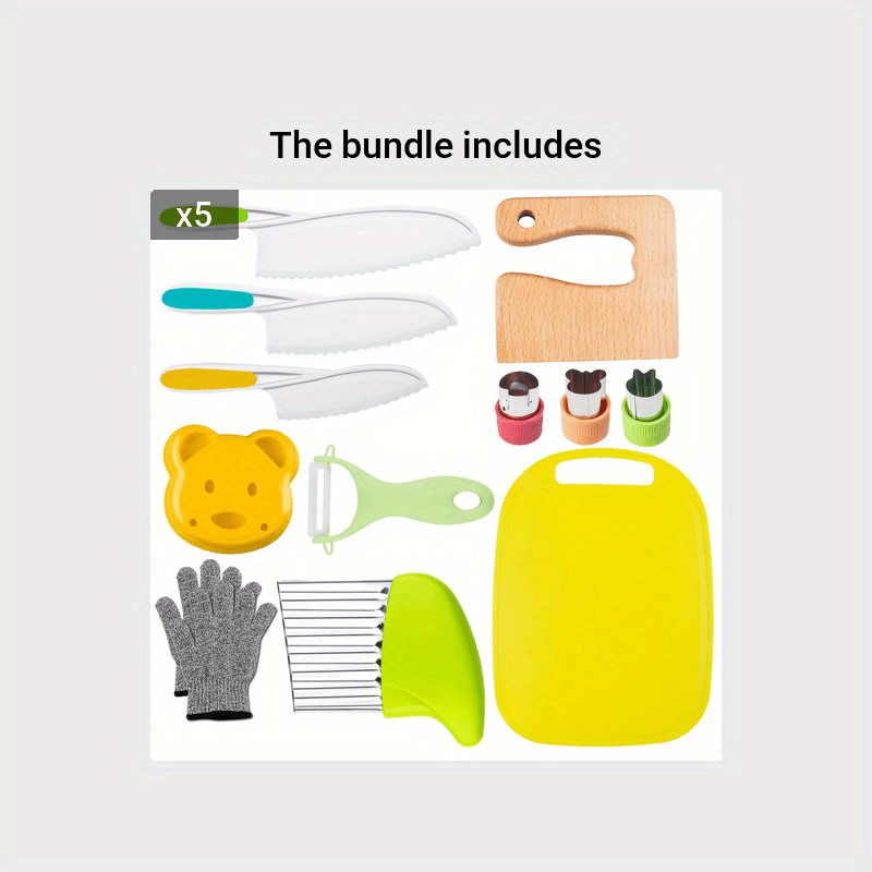 Leking 13 Pcs Wooden Kids Kitchen Knife, Kids Knife Set with Gloves Cutting Board Bear Sandwich Cutter Fruit Vegetable Cutters Serrated Edges
