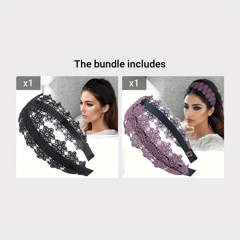 TEMU Elegant Lace Floral Headband For Women - Wide, Non-slip Hair Accessory With Teeth, Vintage Style Solid Color