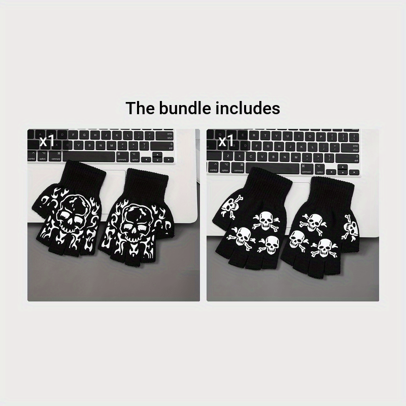 Skull Pattern Fingerless Gloves Halloween