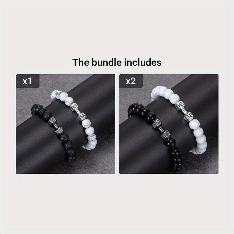 2pcs Men Dumbbell White and Black Beaded Bracelet Bead-string Bracelet  Jewelry
