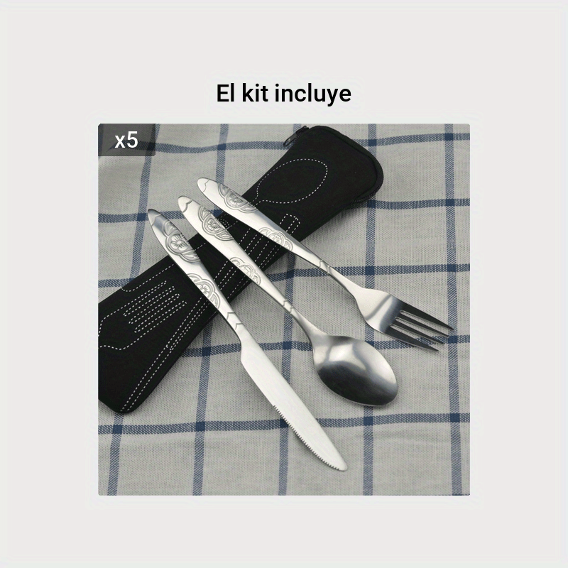 El Hostelero - Set de 3 cubiertos con estuche. El estuche contiene un  cuchillo, un tenedor y una cuchara de acero inoxidable. Sin ideales para  llevar al trabajo, al campo, a la