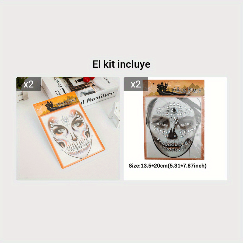 Día de los Muertos Cara Gemas Joyas Tatuajes, Cara de Halloween, Tatuajes  Temporales de Calavera, Piedras de Cristal, Gemas Corporales, Pegatinas de