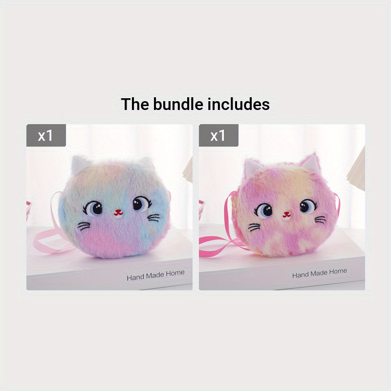 Image of Girls' Cute Plush Cat Crossbody Bag With Zipper - Lightweight, Cartoon Embroidered Shoulder Purse For