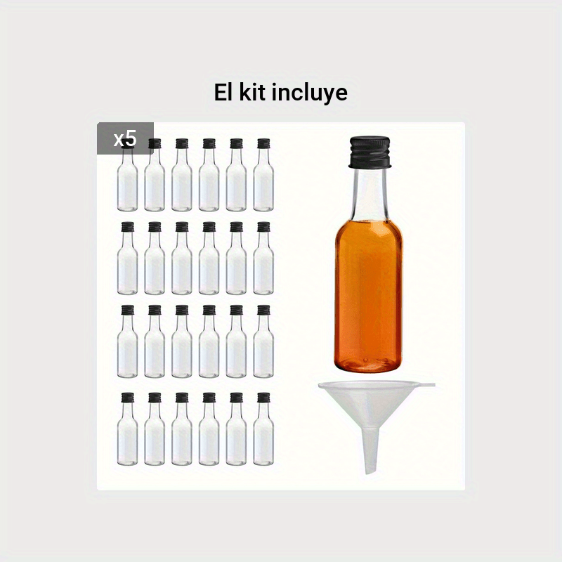 Mini botellas de licor, botella transparente, botellas de plástico con  tapas, botellas pequeñas para líquidos con embudo de plástico en miniatura