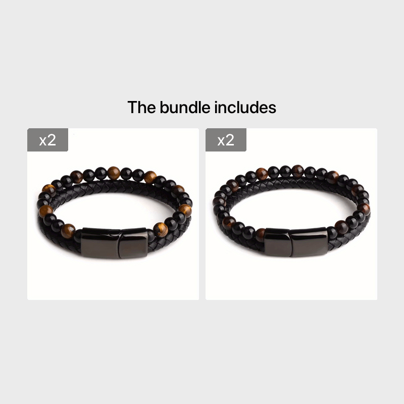 Double Layer Leather Braided Bracelet, Natural Tiger Eye Stone