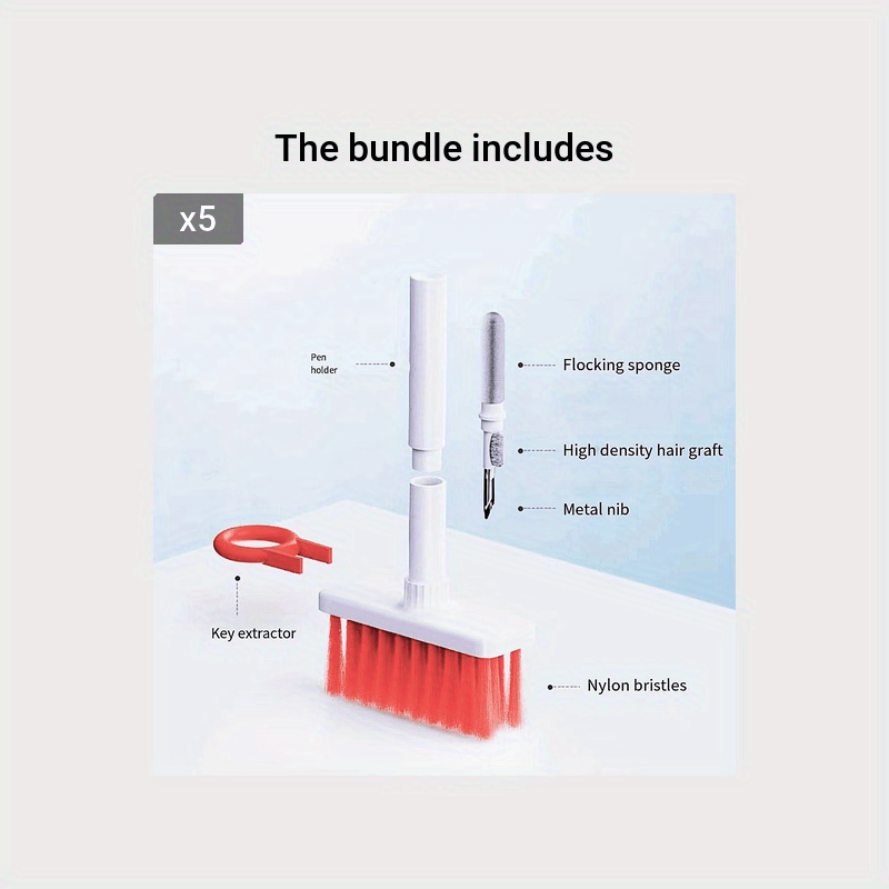 5-in-1 Keyboard Cleaning Brush Computer Earphone Cleaning Tools Keyboard Cleaner Keycap Puller Kit for PC AirPods Pro 1 2 - Red