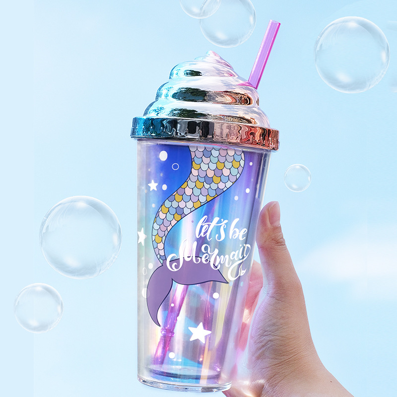 Gradient Color Mermaid Straw Cup Double layer Plastic Water - Temu