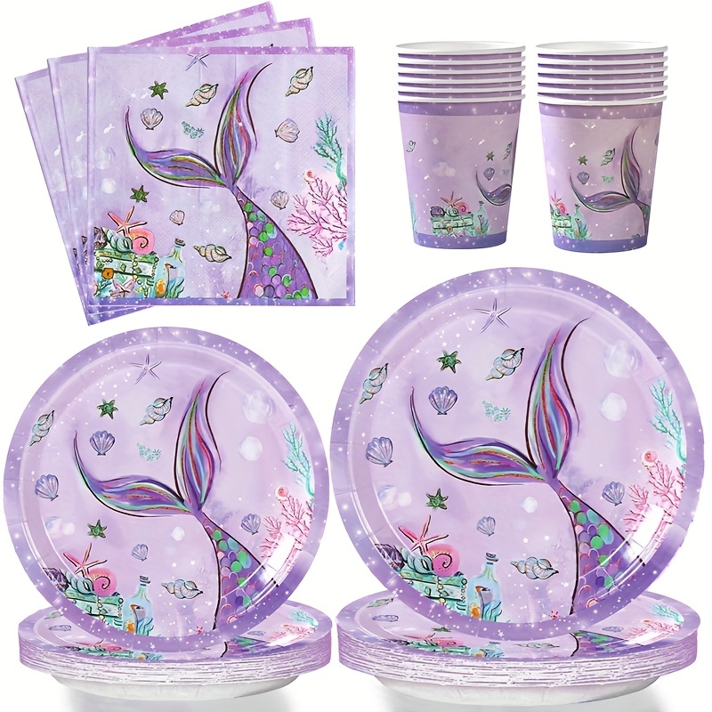 8pcs Placa Cena Cola Pez Morado Sirena Taza Papel Tejido - Temu