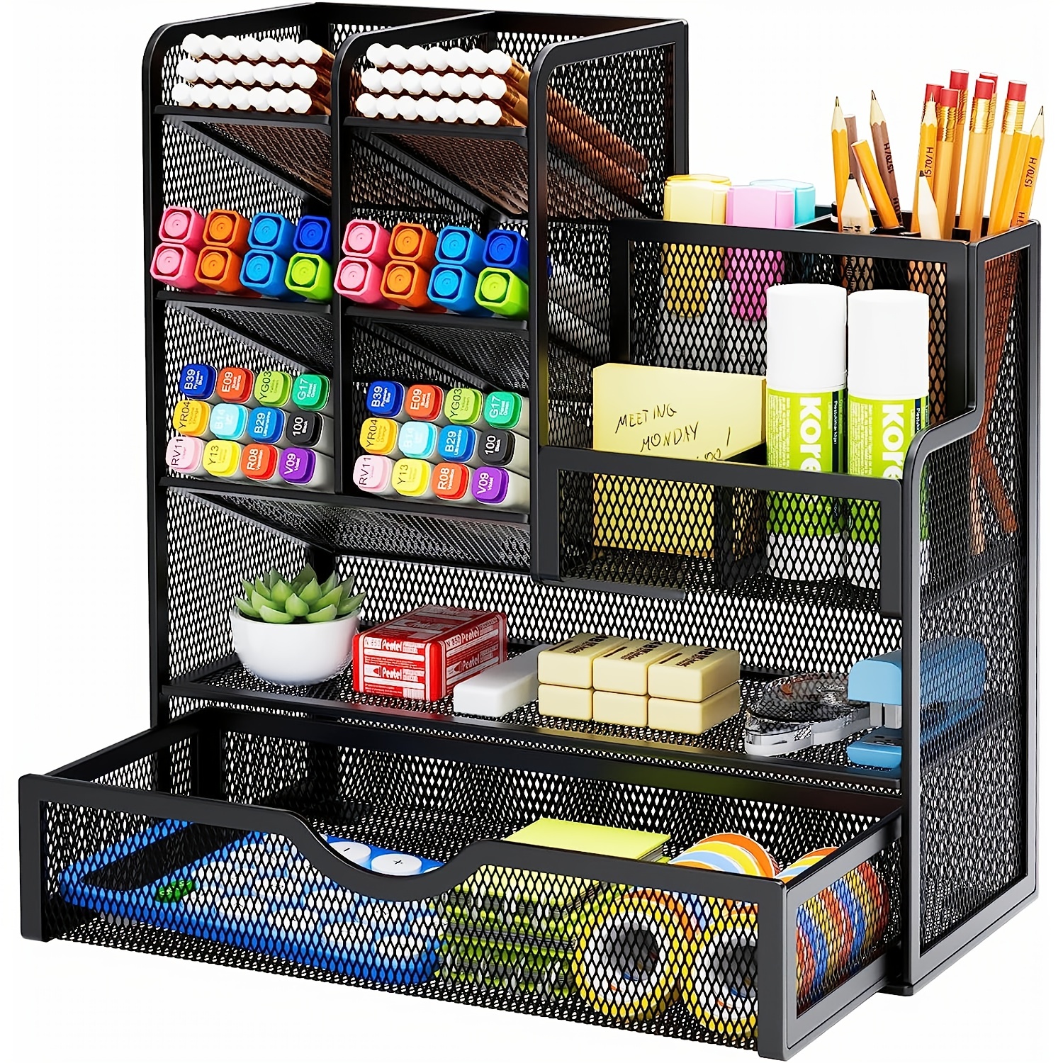 Organizador de escritorio de malla y almacenamiento - Organizador de  oficina con 3 bandejas deslizantes para cartas y 5 soportes verticales para