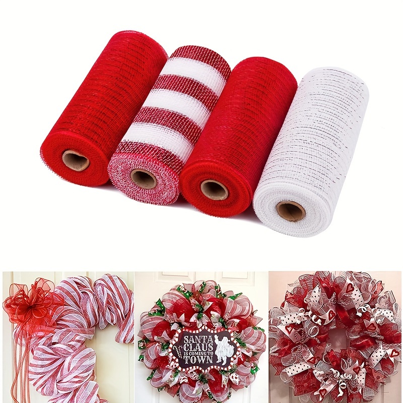 4 Rolls Poly Burlap Mesh Poly Burlap Deco Mesh Ribbon Mesh Roll for Spring  Summer Easter DIY Flower Wreath Garland, 10 Inch (Red, White)