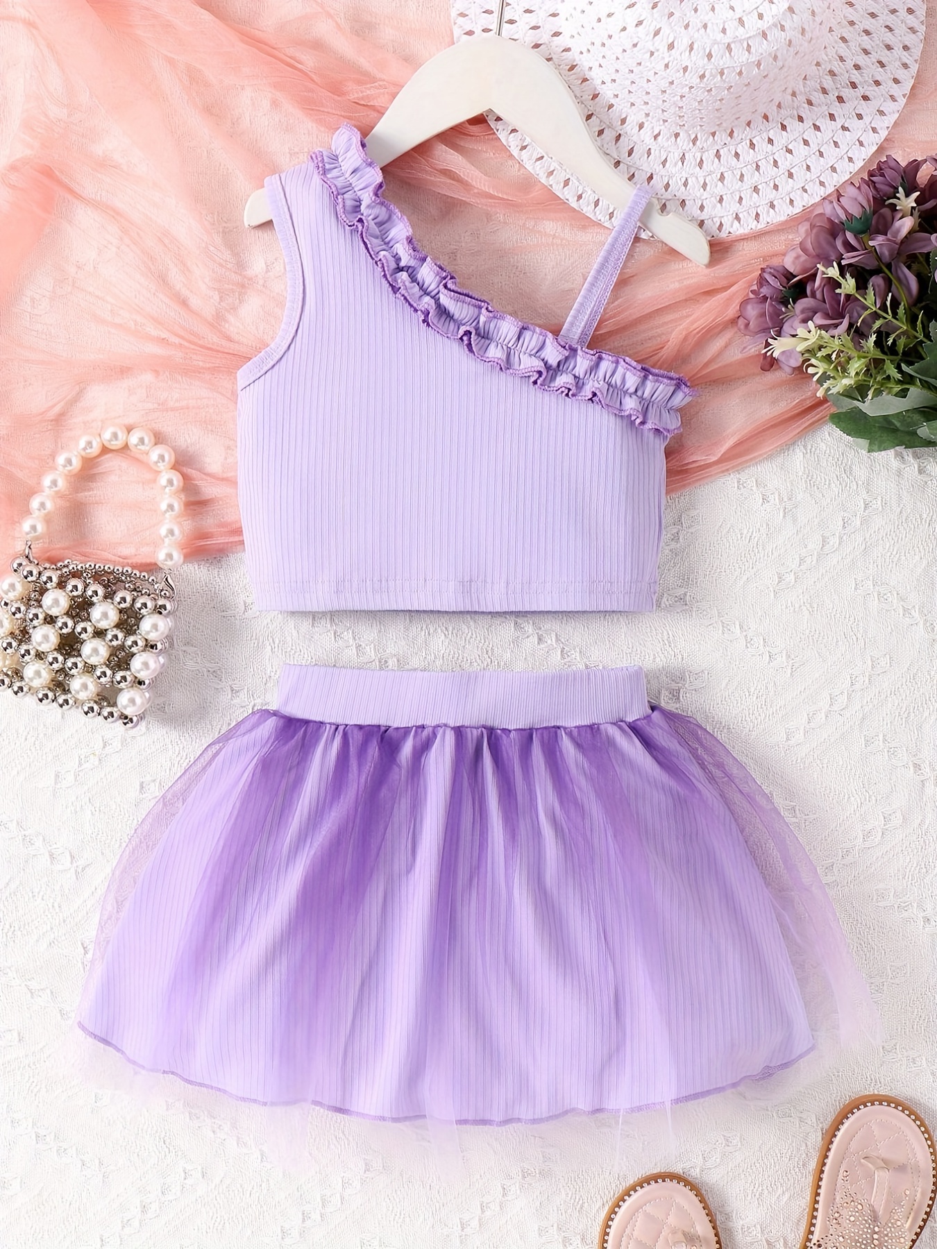 2pcs Toddler Girl Ribbed Pink Camisole and Glitter Design Mesh Skirt Set