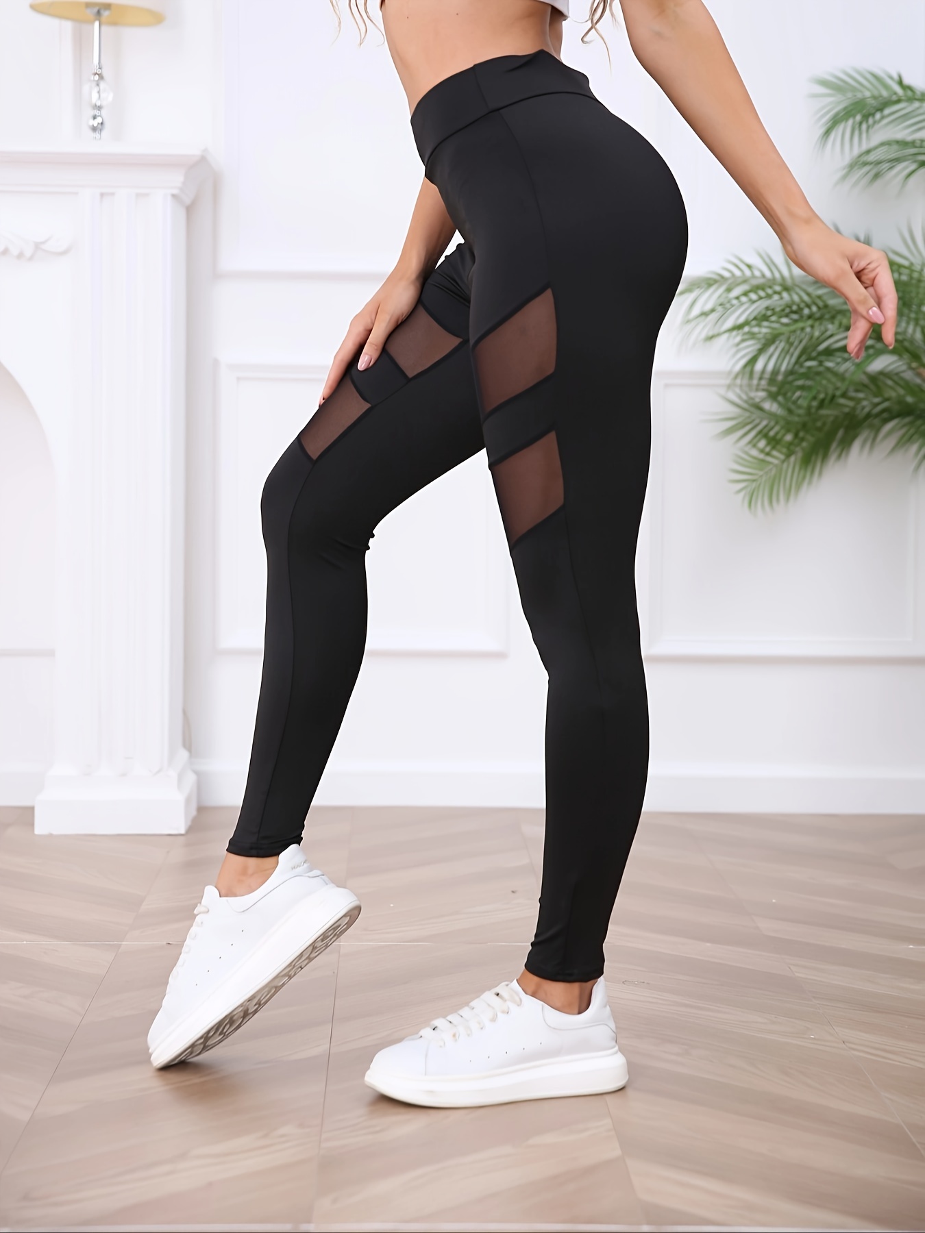 2pcs Leopard Print Fitness Yoga Suit Gym Outfits Set Asymmetrical Neck Top  Contrast Mesh Leggings