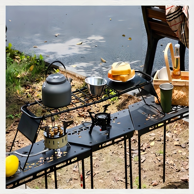 Mesas plegables para acampar al aire libre, mesa de campamento de cocina  ligera con soporte de parrilla para estufa, gris