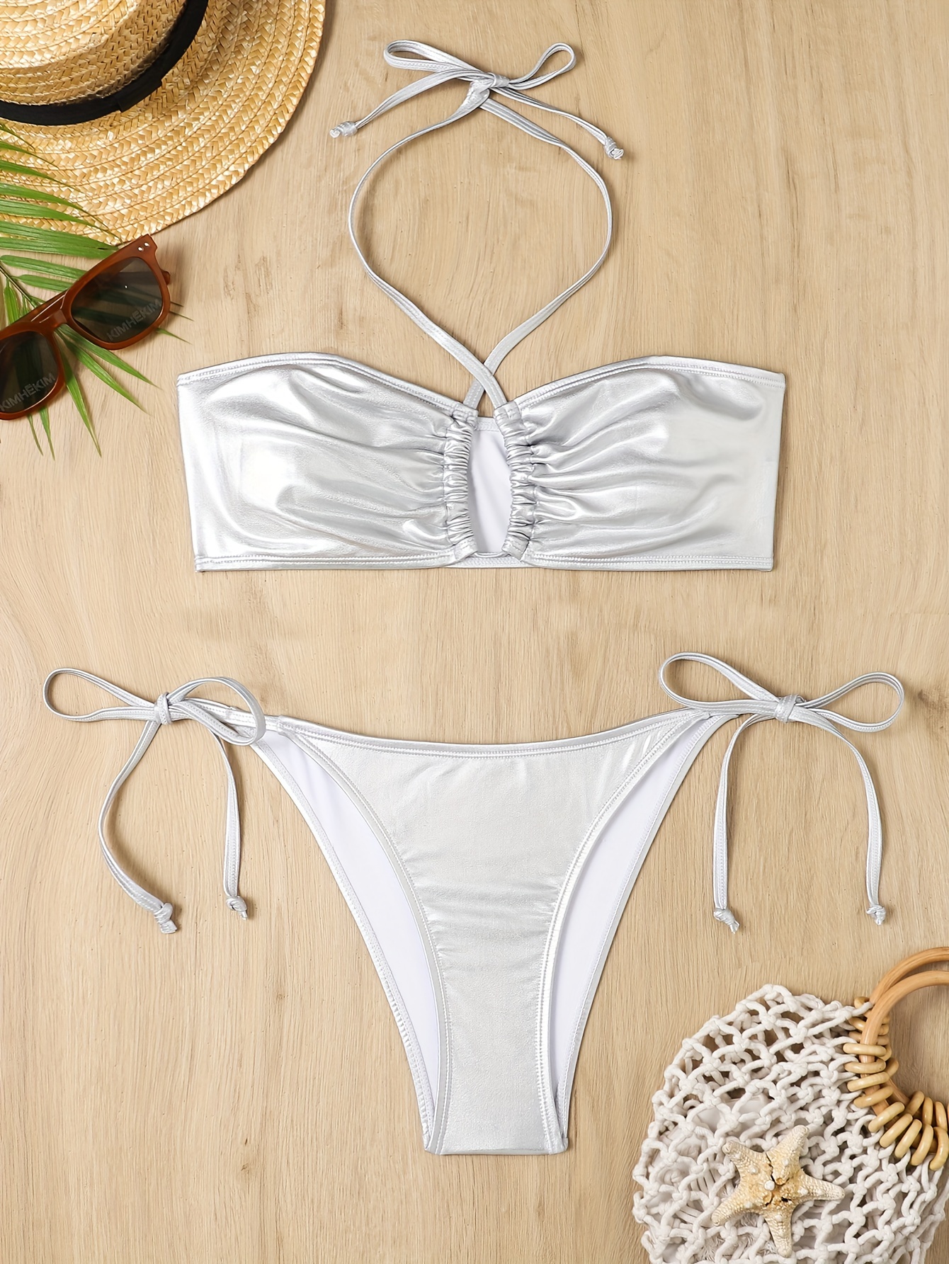 Plain Halter Neck Bikini Sets V Neck Criss Cross Ring - Temu