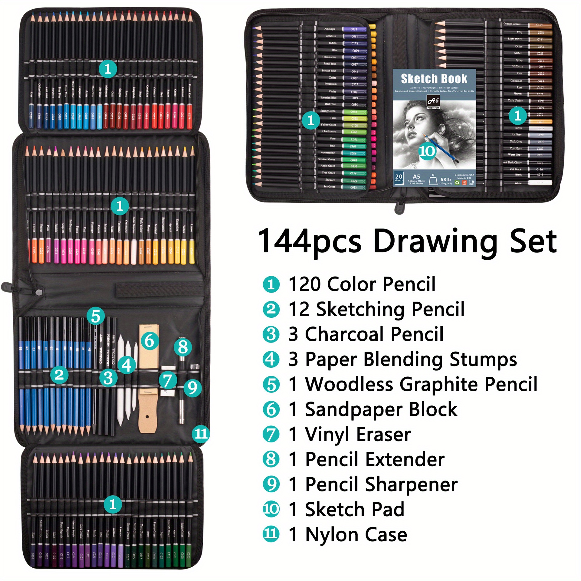 50pcs Drawing Set Sketch Kit With 3-color 60-sheet Sketchbook