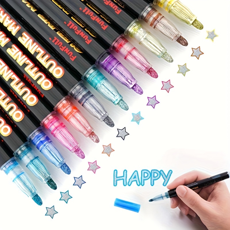 12 Color Double Line Outline Marker Pens, Super Squiggles Outline Pens 3mm Thick Doodle Glitter Markers, Shimmer Colored Pens, Metallic Paint