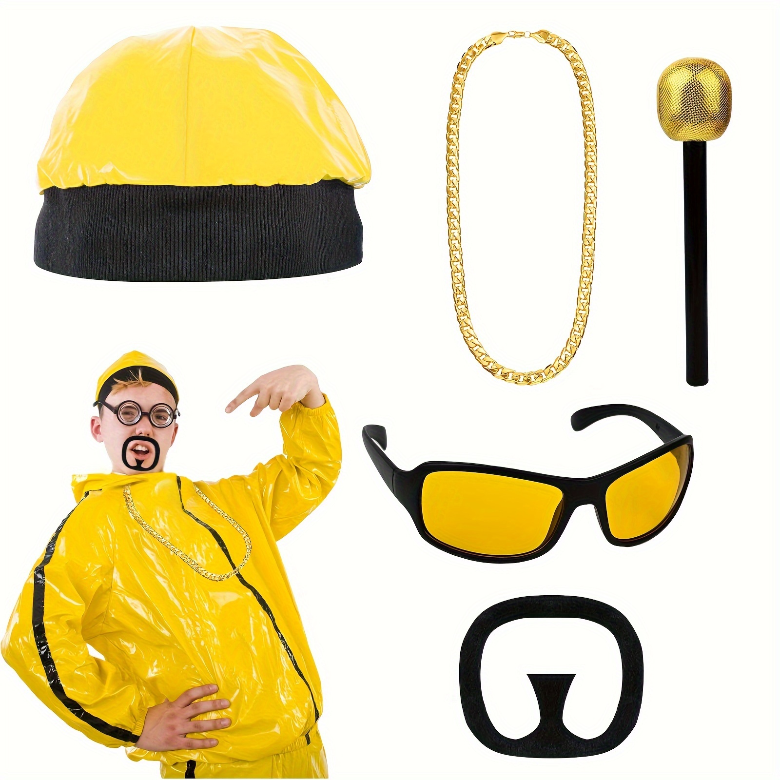 5pcs/set, Kit Costume Stile Hip Hop Uomini E Donne, Set Accessori Rapper  Gangster Chunky Anni 80/90, Vestito Elegante Cappello A Secchiello, Collana  Dollari, Occhiali Sole E Braccialetto Dorato, Feste A Tema Disco