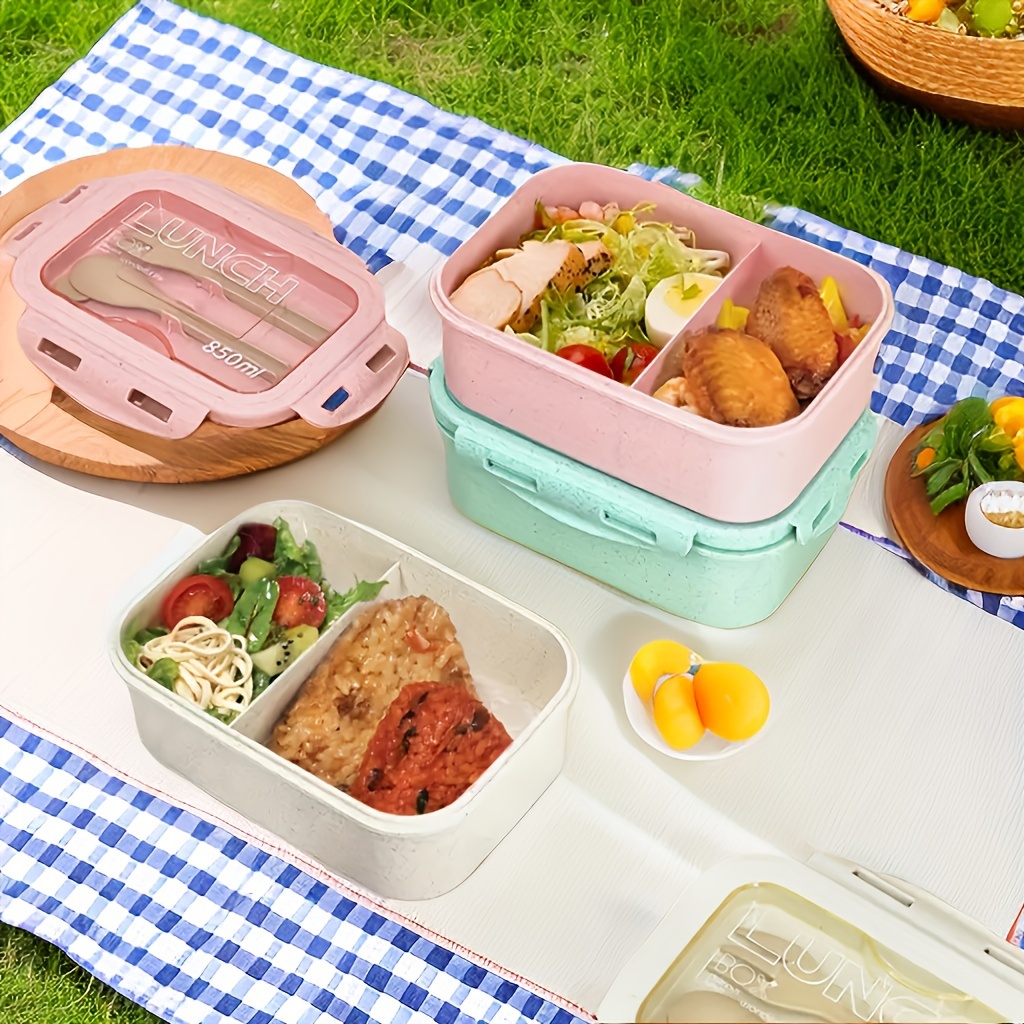 850ml Wheat Straw Bento Box With Dividers, Microwave Safe Lunch