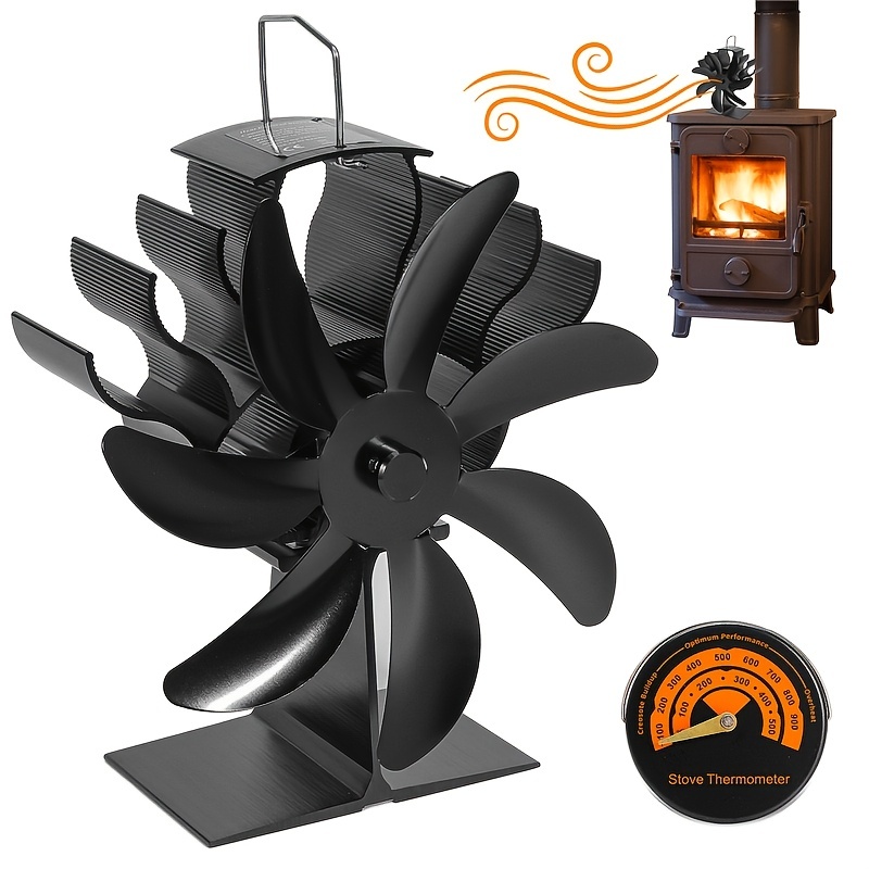 Hanaoyo Wood Stove Fan, 6 Blades Wood Stove Fan Heat Powered, Fireplace Fan  with Magnetic Thermometer, Wood Stove Accessories, Non Electric Fan for