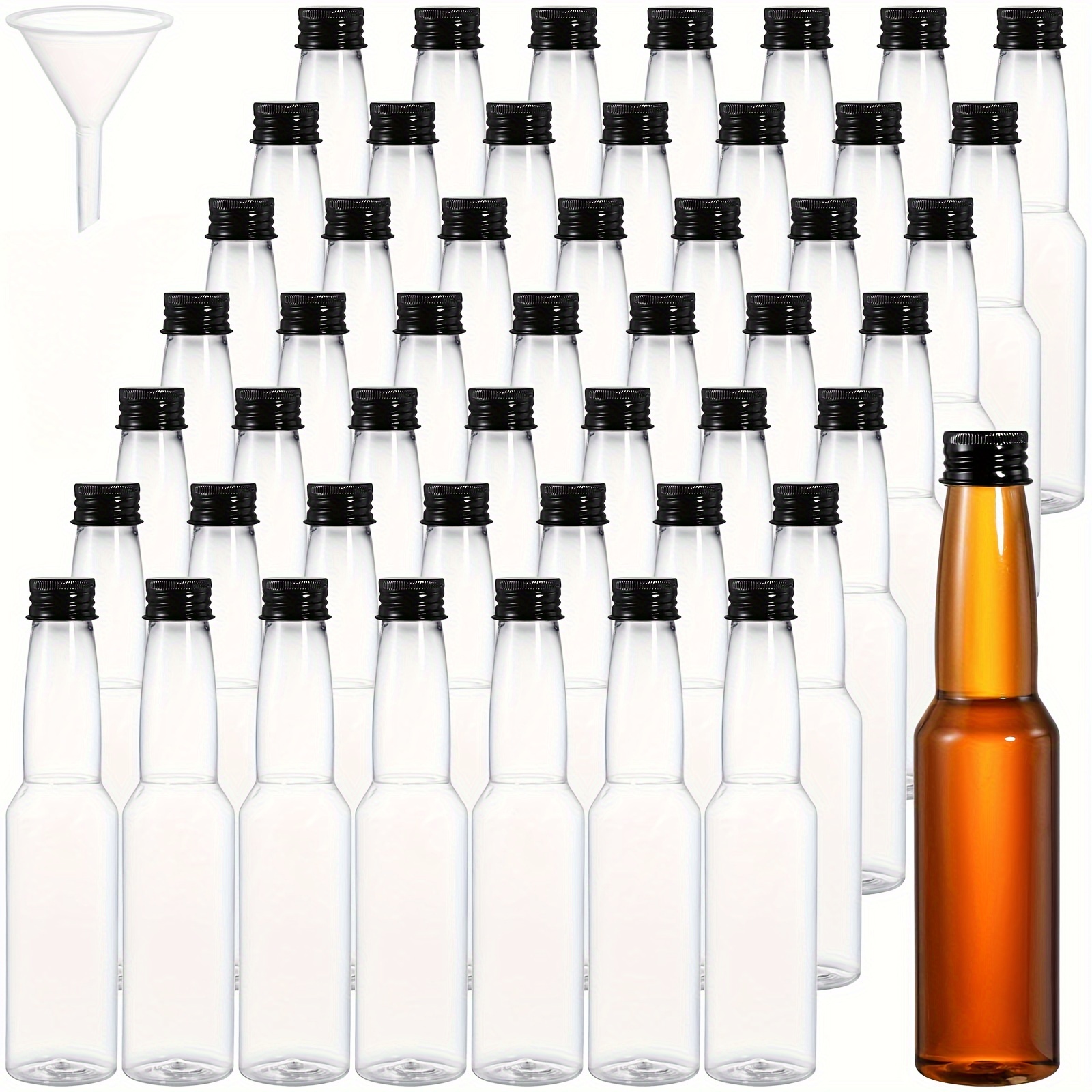  Mini botellas de licor, paquete de 50 botellas de alcohol  vacías con tapa de rosca negra, botellas de plástico reutilizables de 1.7  onzas con 10 embudos para baby shower, fiesta, bodas 