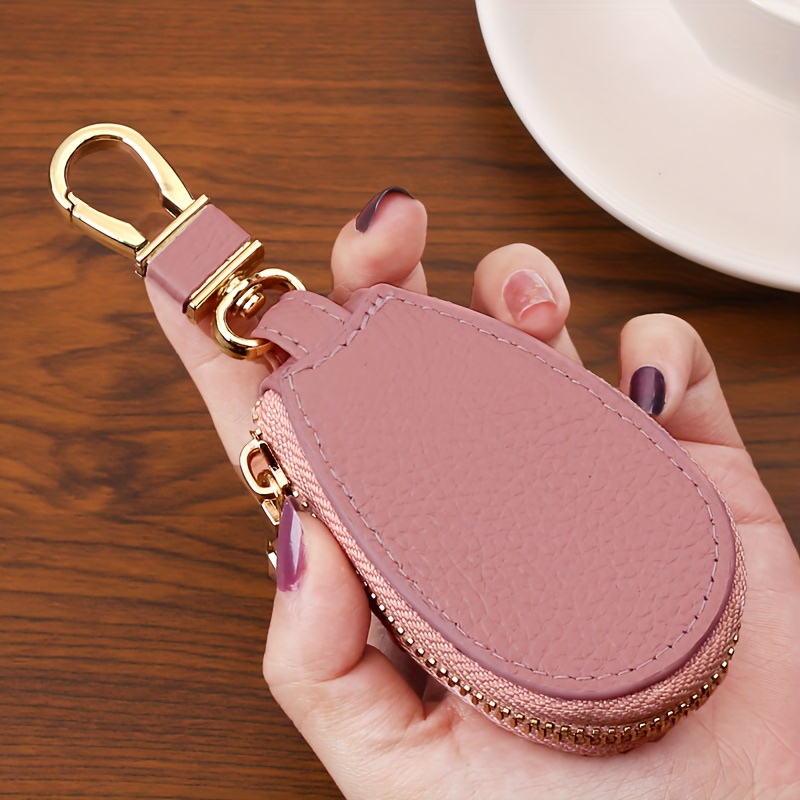 Real Cow Leather Key Bag Double Zipper Keychain Wallet Coin Purse With  Metal Hook - Temu