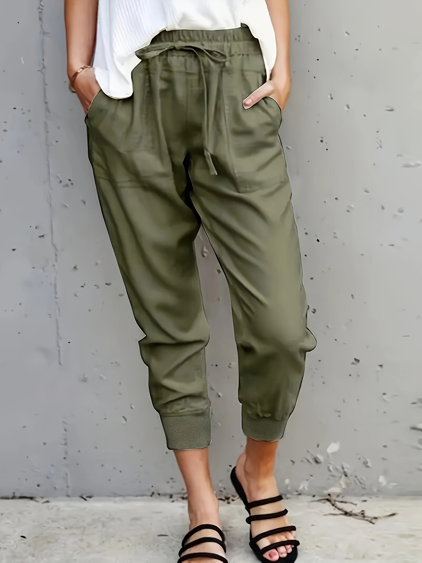 Solid Drawstring Fitted Bottom Joggers, Casual Sporty Pants For Spring &  Fall, Women's Clothing