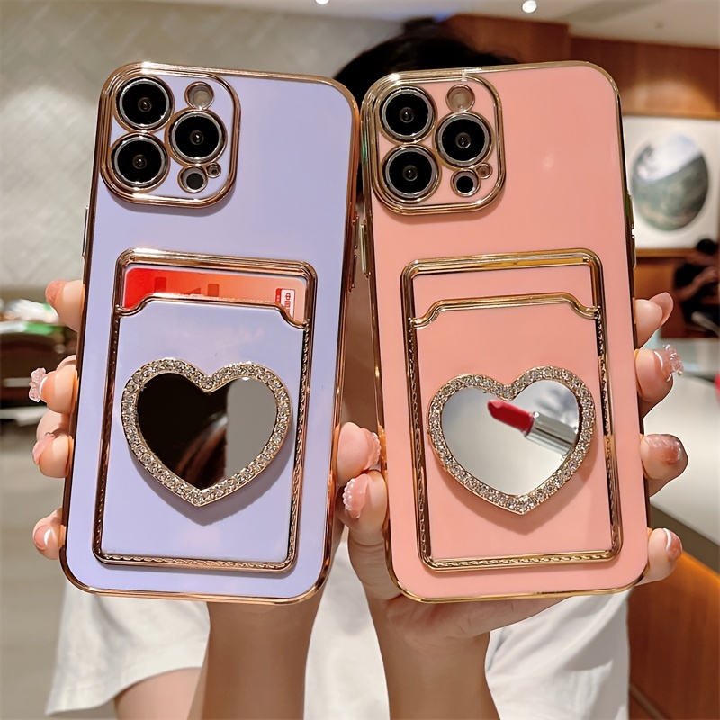 Makeup Mirror Mobile Phone Case Bling Heart Shaped Mirror Phone Case for  iPhone