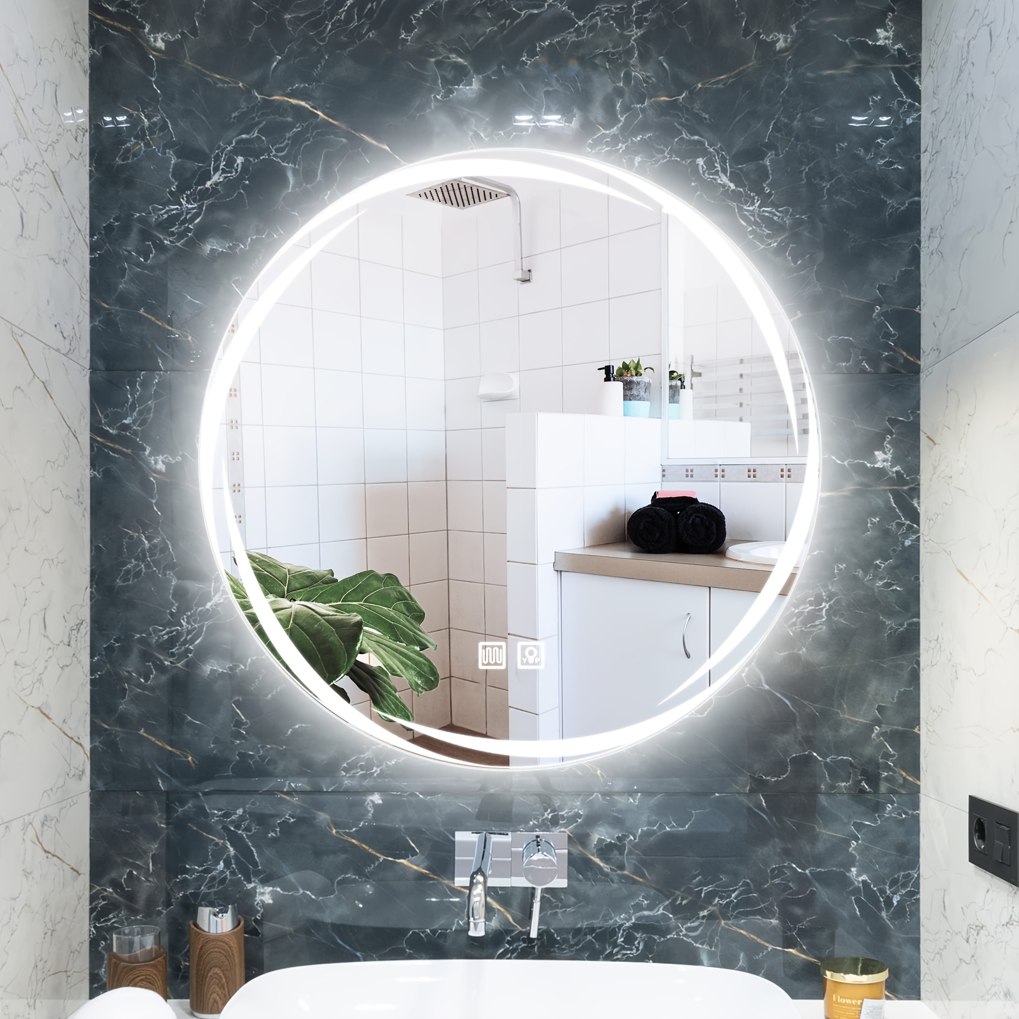  Espejo de tocador de baño con luces, espejo retroiluminado para  baño, espejo LED redondo montado en la pared, control táctil, inastillable  para dormitorio, entrada, sala de estar, decoración de pared (color