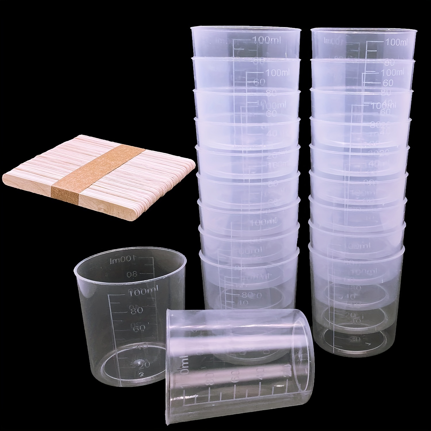100 Pack 60ml/2oz Plastic Graduated Cups Transparent Scale Cups Plastic  Measuring Cups Clear Epoxy Mixing Cups with 100 Pack Wooden Stirring Sticks