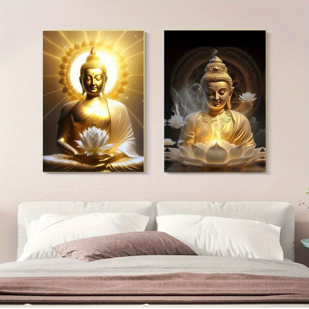  Cuadro de pintura en lienzo con estatua de Buda Dorada, póster  de meditación, arte moderno para pared, decoración del hogar, 23.6 x 31.5  in, sin marco : Hogar y Cocina